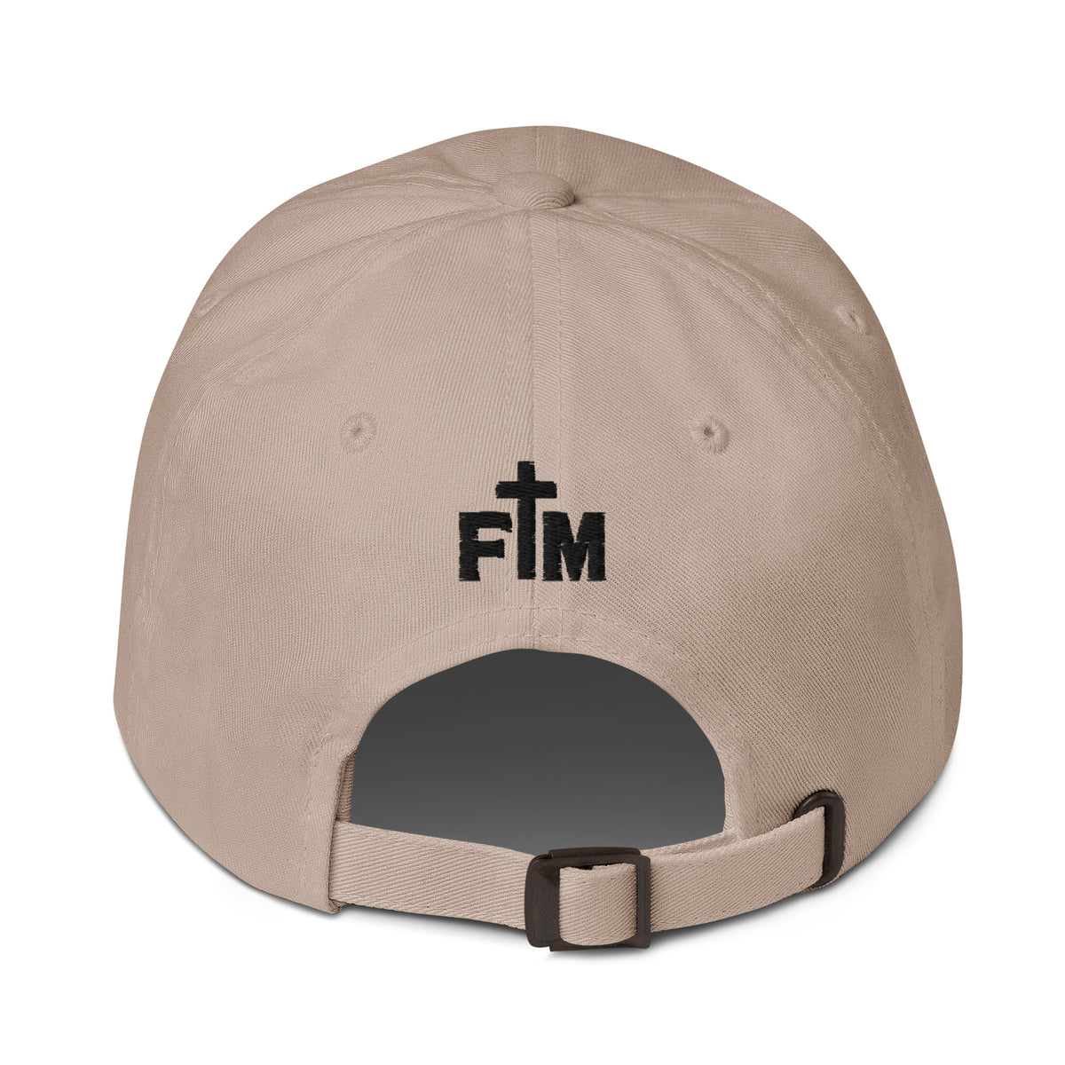 Beige cap with a black FM Faith Mode logo embroidered on the back against a white background