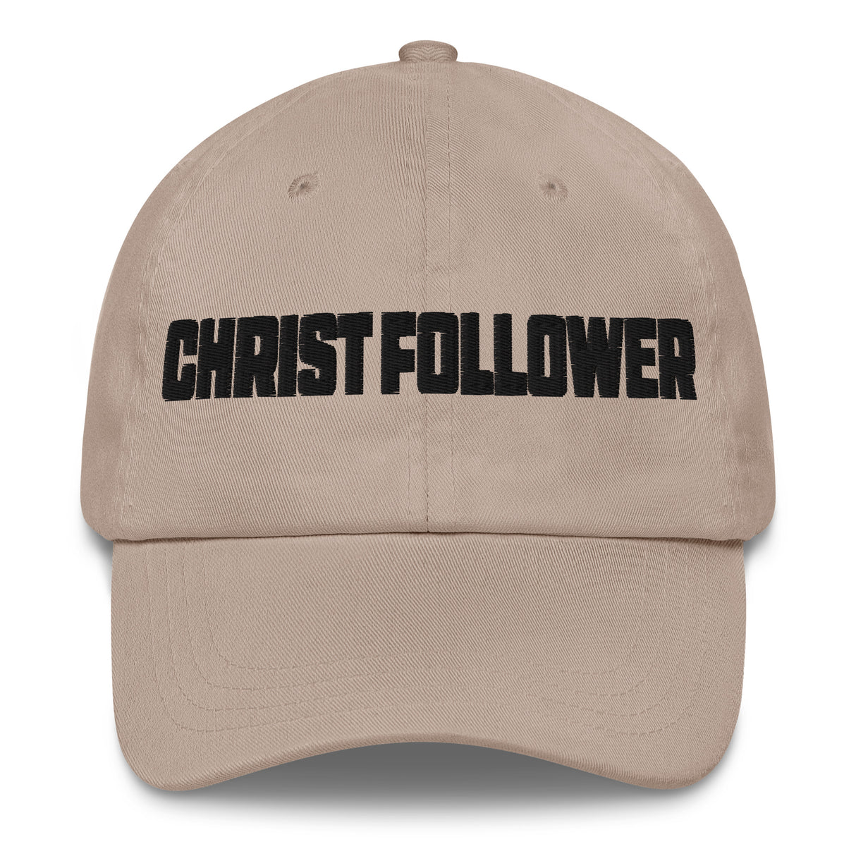 A beige baseball cap with the word 'CHRIST FOLLOWER' embroidered in bold black letters across the front, shown against a plain white background.