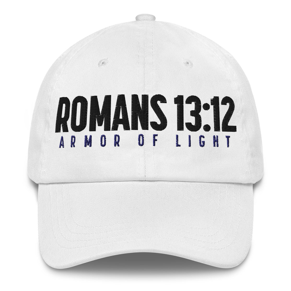 A white baseball cap featuring the text 'ROMANS 13:12' in bold black letters and 'ARMOR OF LIGHT' in dark blue below it, shown against a plain white background.