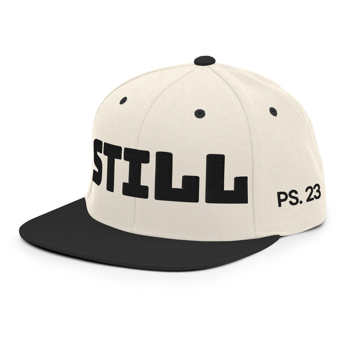 Beige cap with black text on a white background