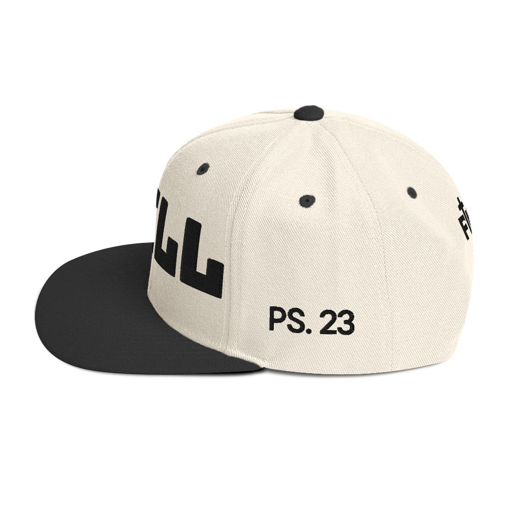 Beige Baseball cap with PS. 23 embroidered with black letters on the left side.