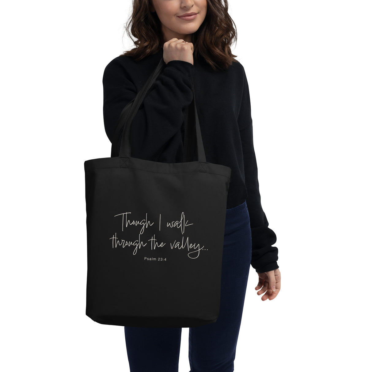 Black eco tote bag featuring “Though I Walk Through the Valley” and Psalm 23:4 in elegant cream-white script.