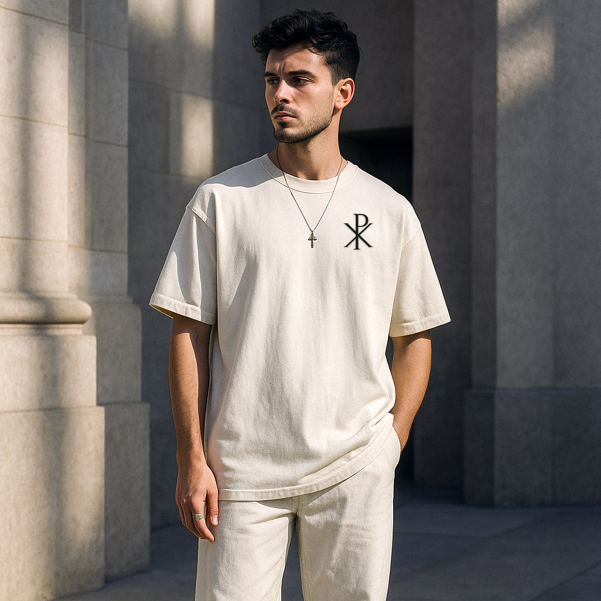 Man wearing FM LUXE Oversized Embroidered Tee