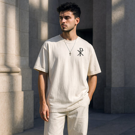 Man wearing FM LUXE Oversized Embroidered Tee