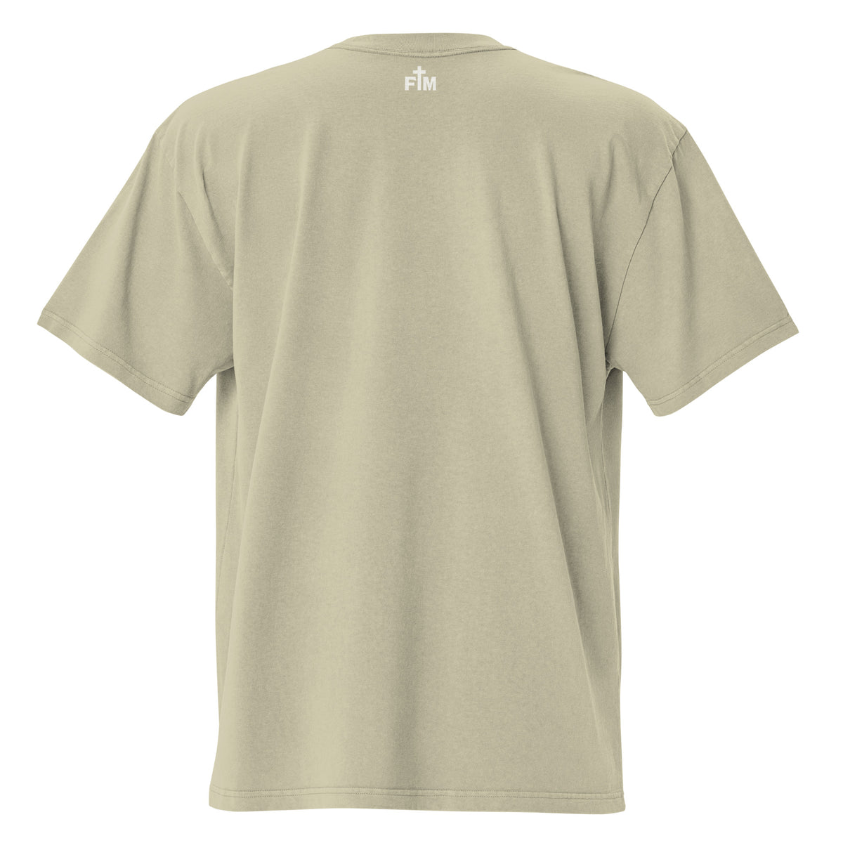 Small cream white "FM" Faith Mode logo printed on the upper back neck of a faded-eucalyptus oversized tee