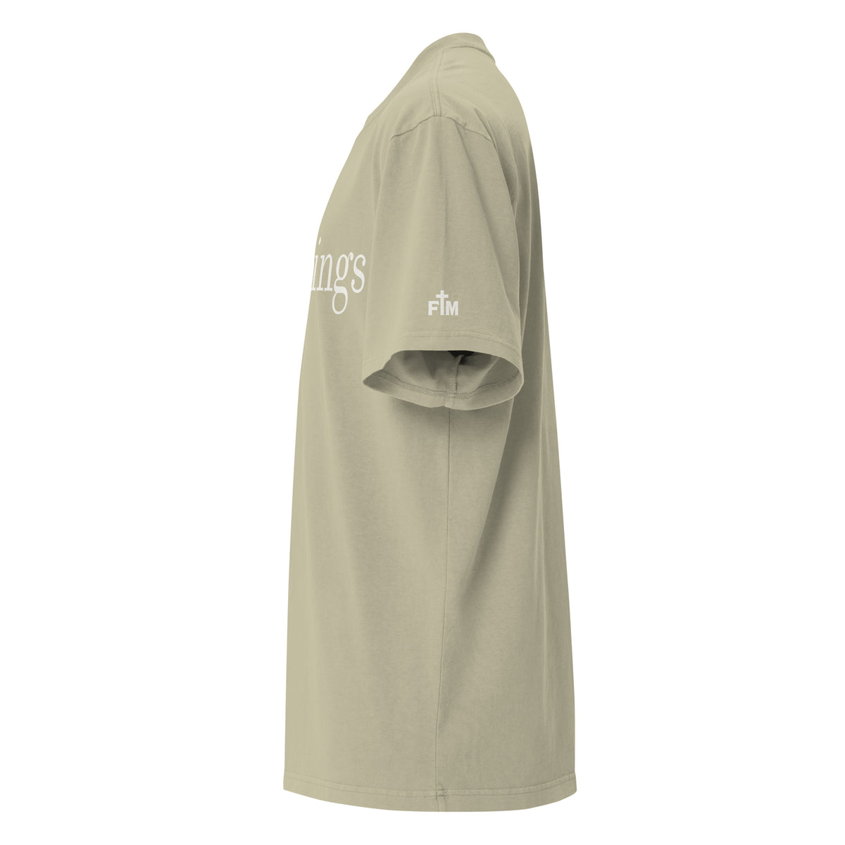 Side view of a Faded Eucalyptus oversized tee featuring cream All Things lettering, Philippians 4:13 beneath it, and a small Faith Mode logo on the left sleeve.