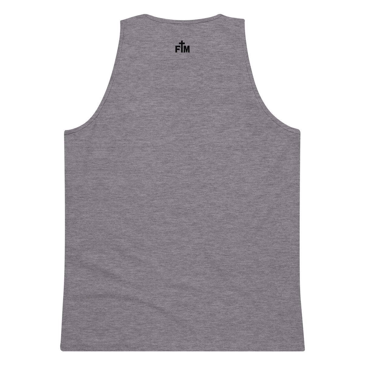 Small black Faith Mode logo printed on the upper back neck of a men's athletic heather tank top