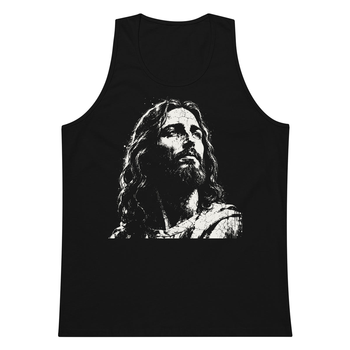 Black men’s cotton tank top featuring a large distressed cream-white artistic portrait of Jesus on the front.