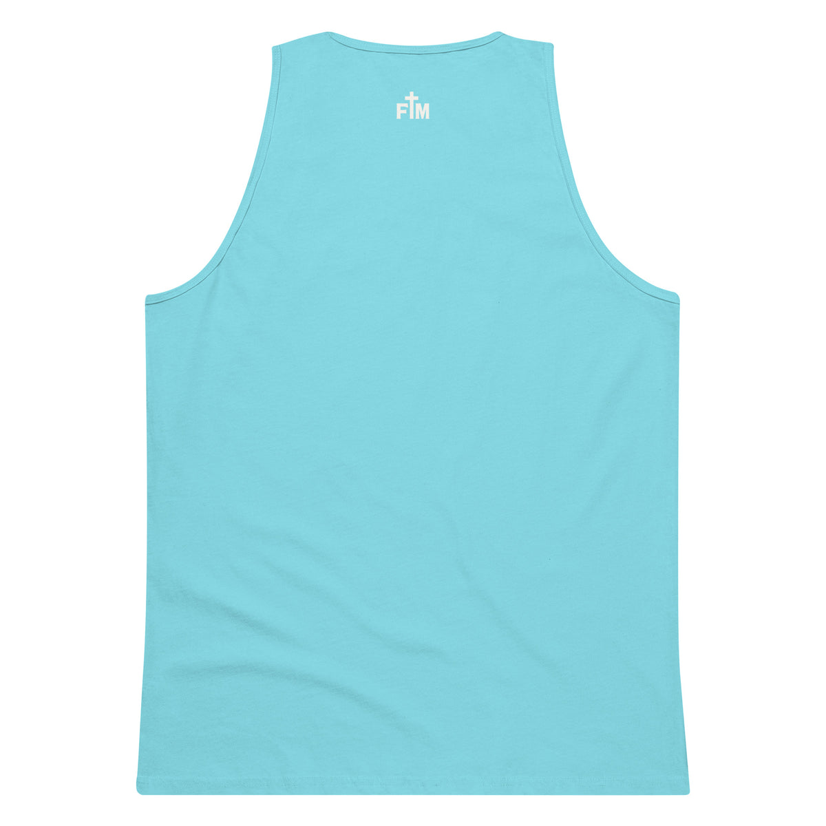 Small cream white Faith Mode logo printed on a pacific blue men's premium tank top, shown on upper back