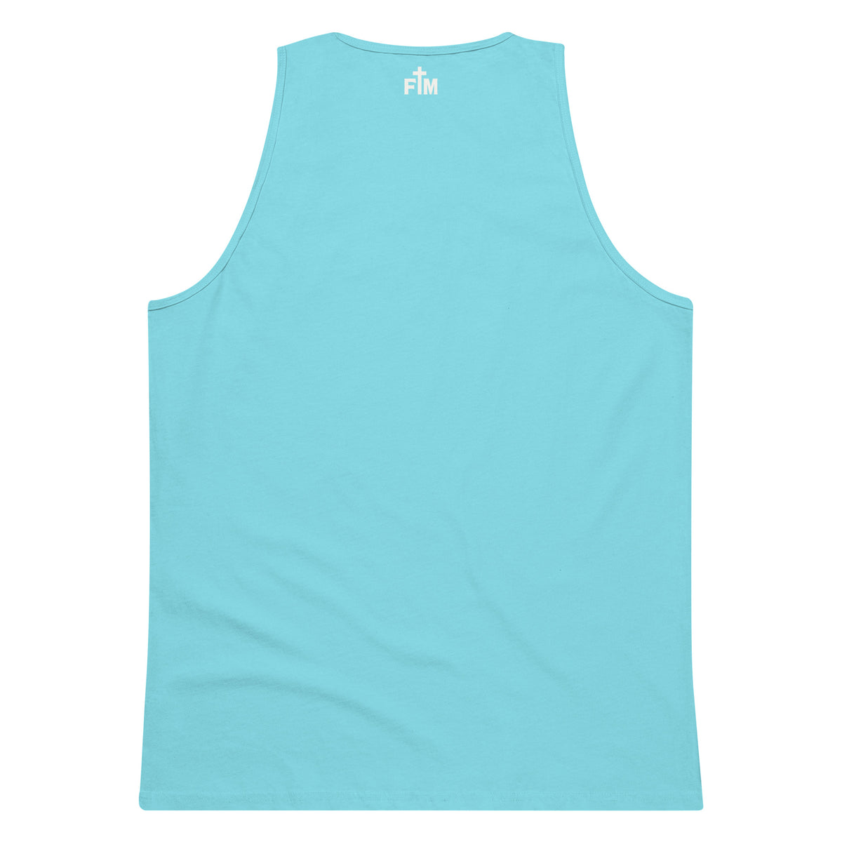 Small cream white Faith Mode logo printed on a pacific blue men's premium tank top, shown on upper back