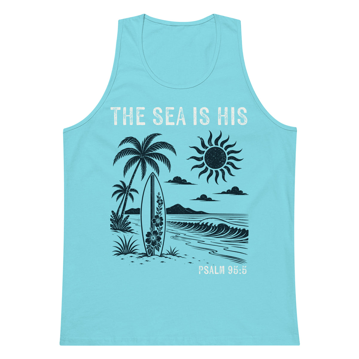 Pacific blue men’s tank top featuring a retro beach scene with palm trees, a surfboard, waves, and The Sea Is His Psalm 95:5 text.