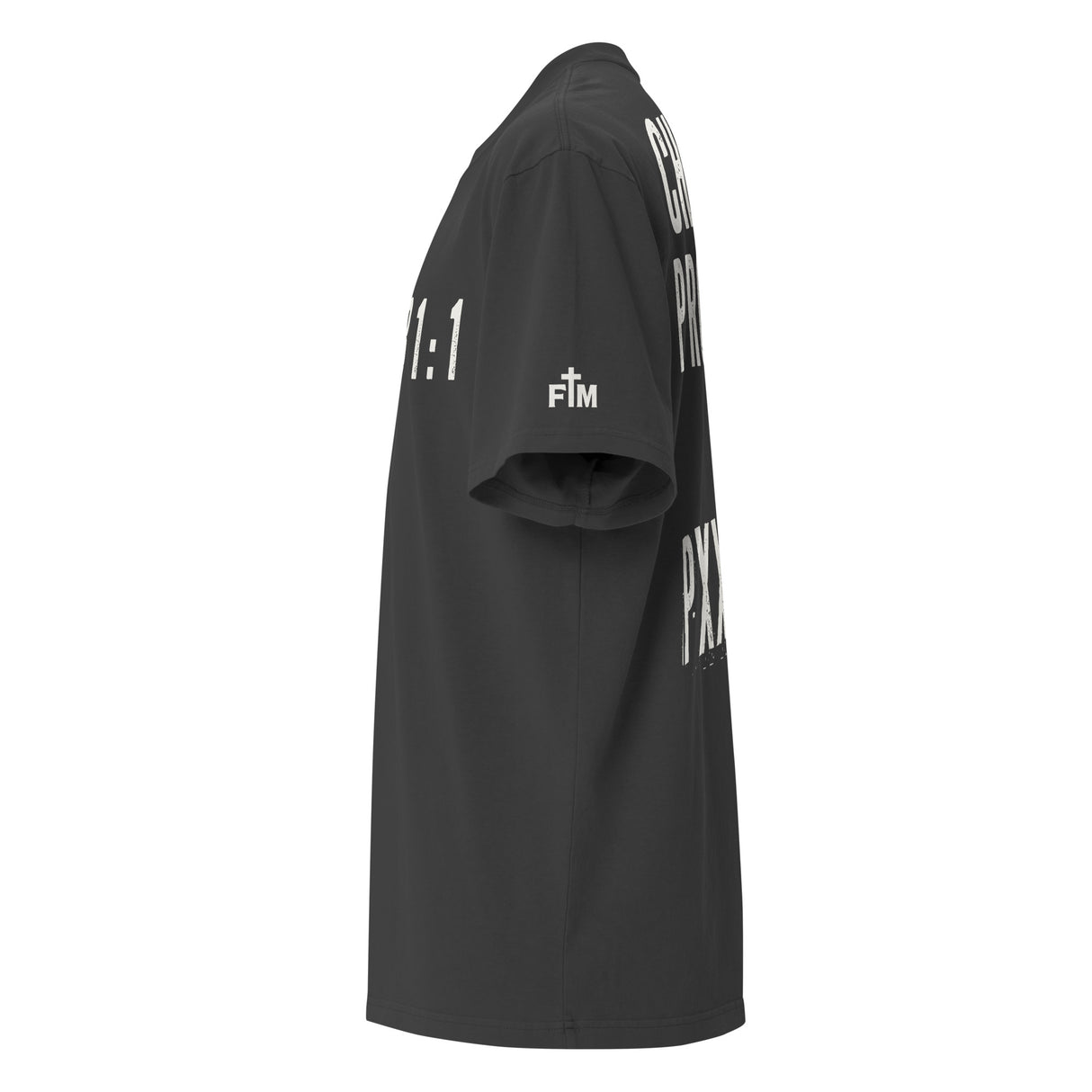 Black t-shirt with white text and logos on a white background