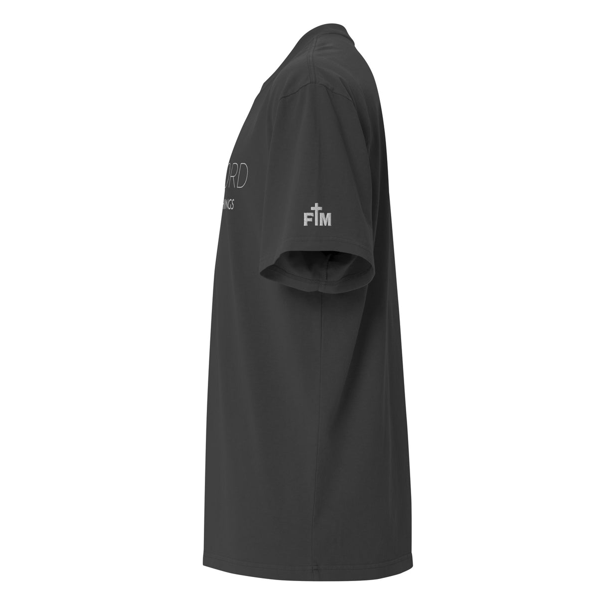 Black t-shirt with white text and logos on a white background