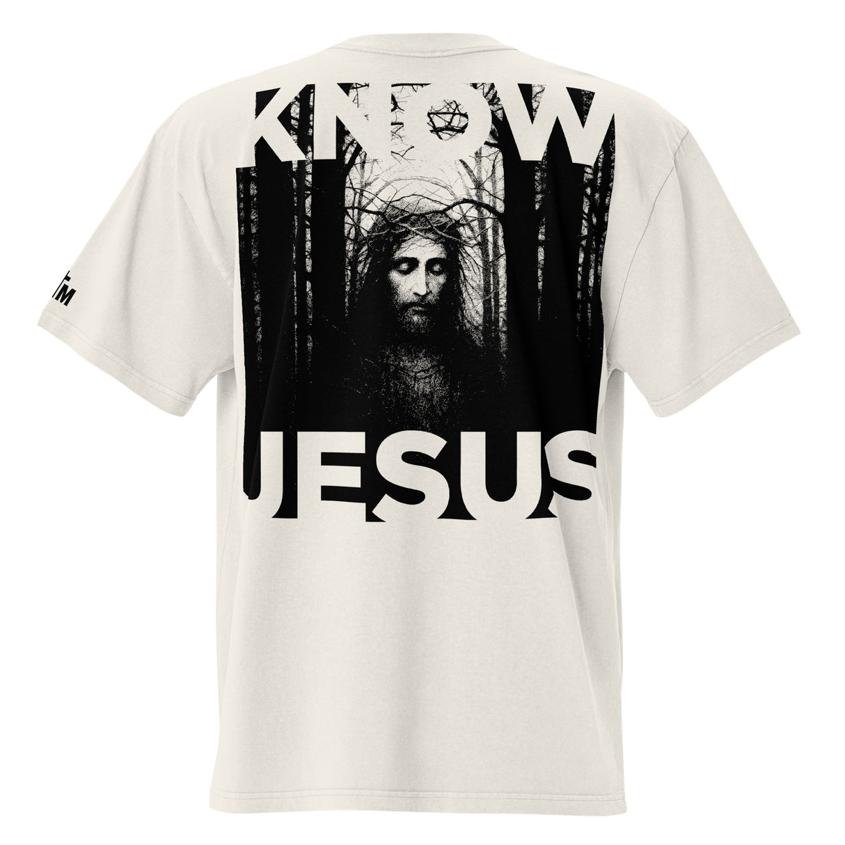 White t-shirt with a graphic of a bearded figure in a forest and 'Knew Jesus' text on the back.