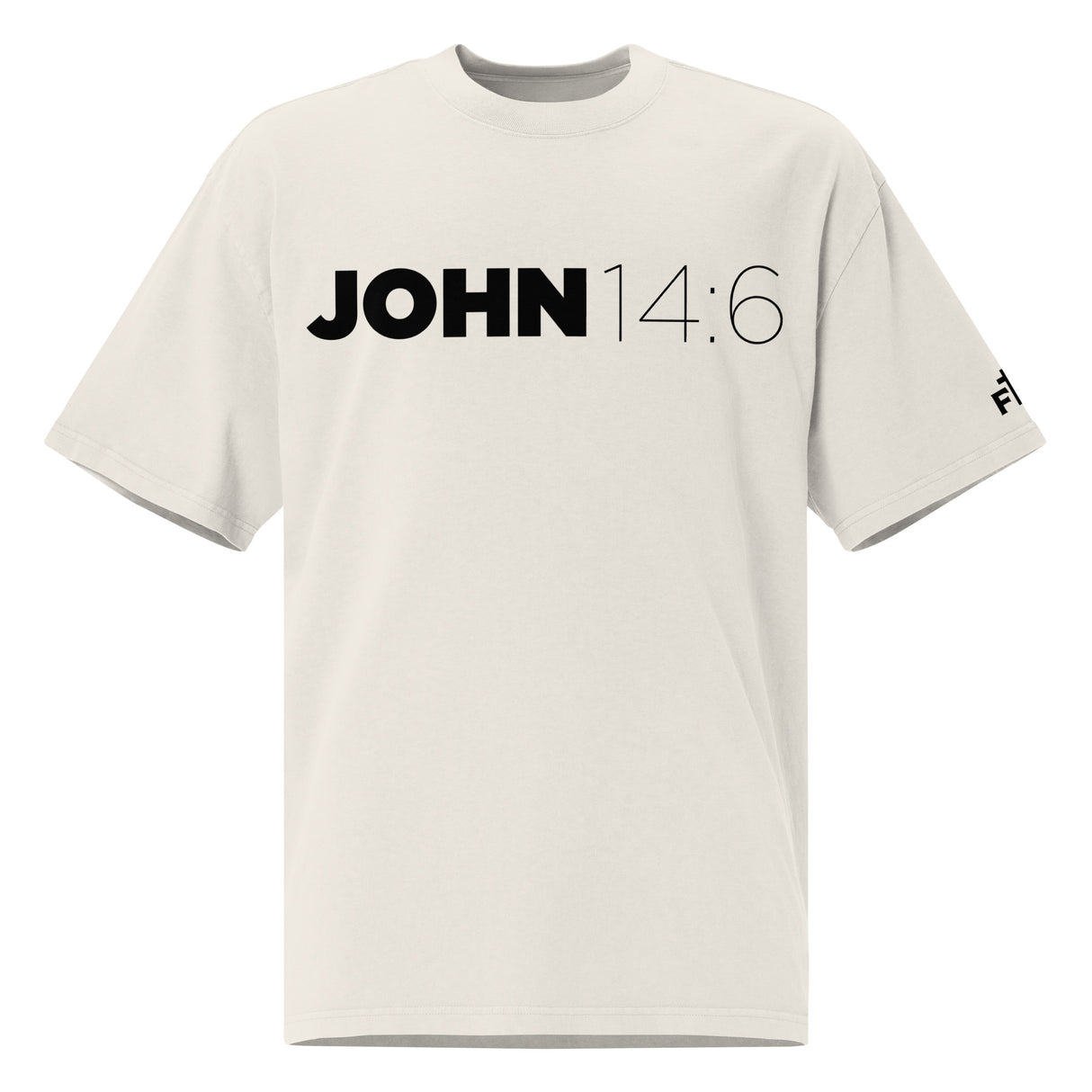 White t-shirt with 'JOHN 14:6' printed on a white background