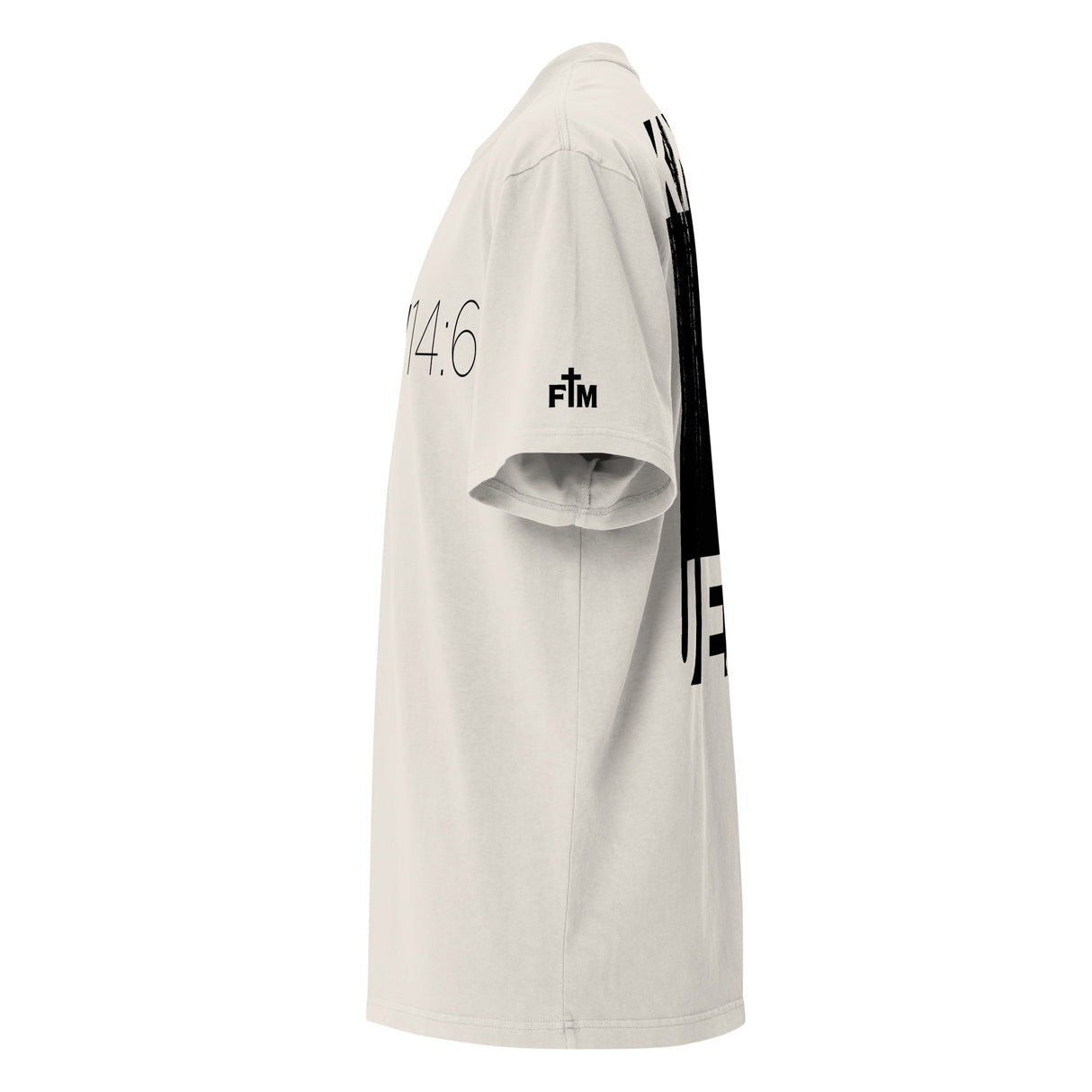 White shirt with black text and logos on a white background