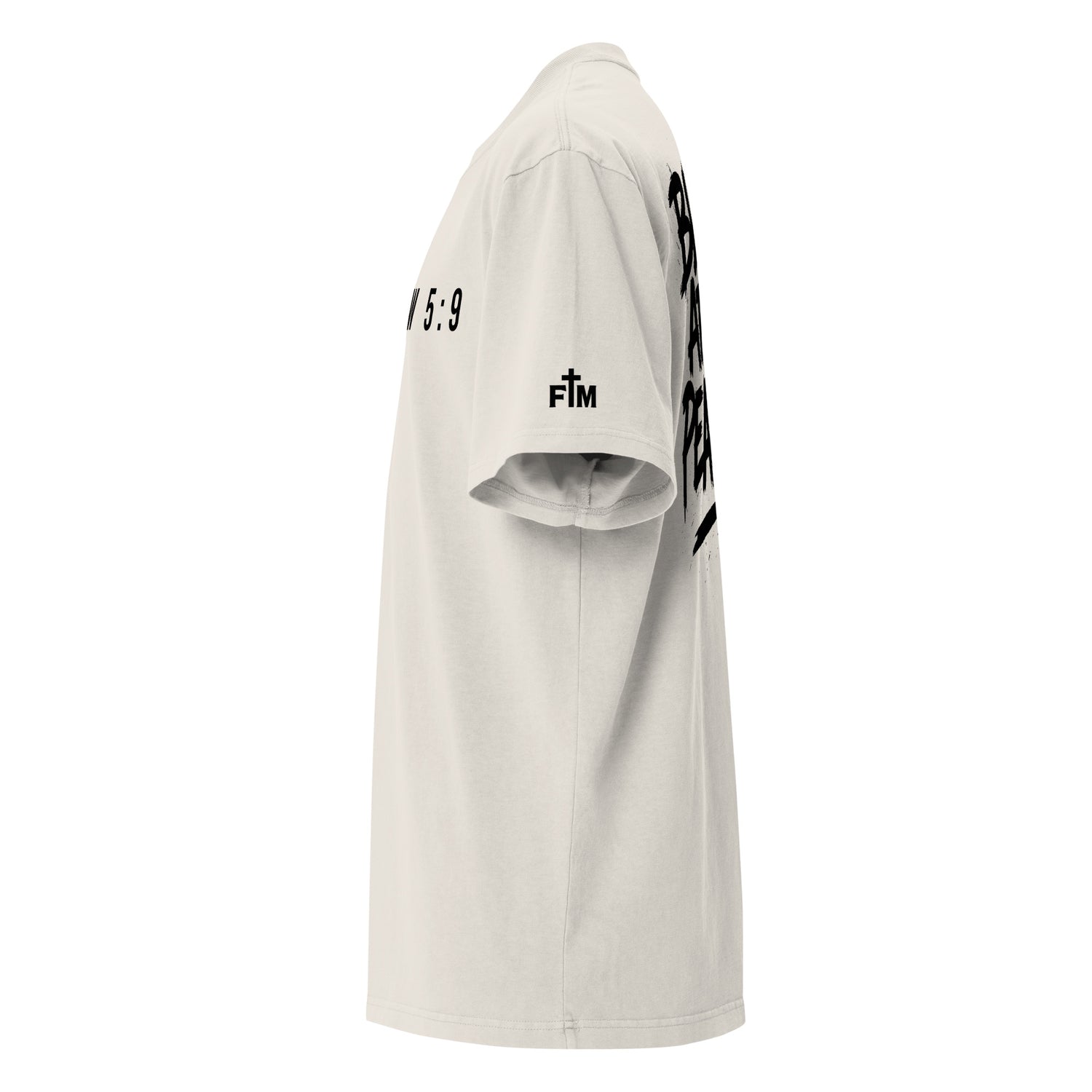White t-shirt with black text and logos on a white background