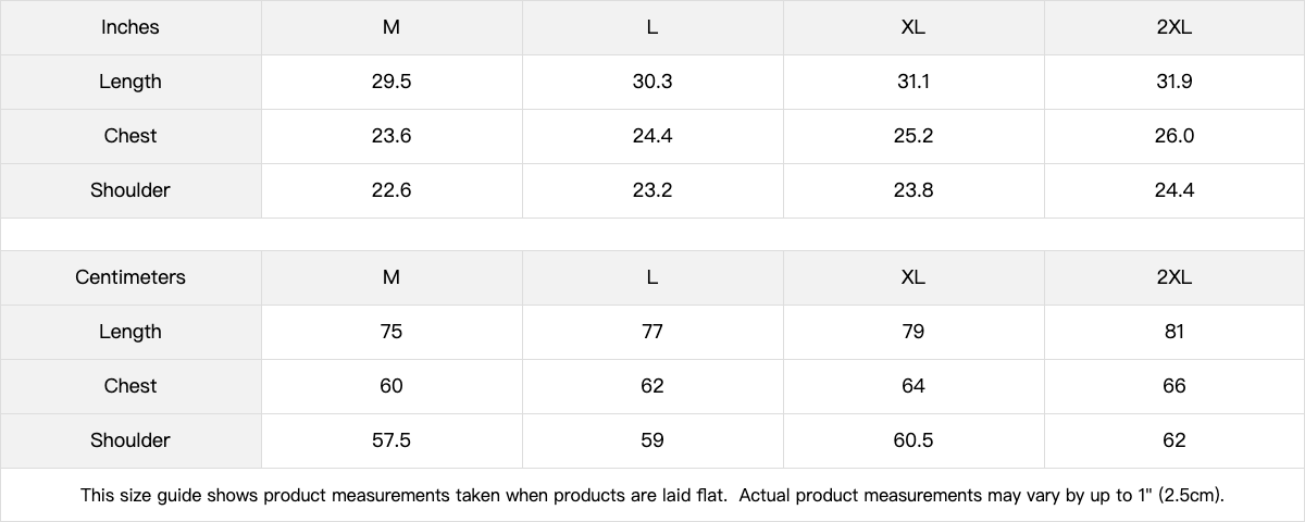 Size chart for clothing measurements in inches and centimeters.