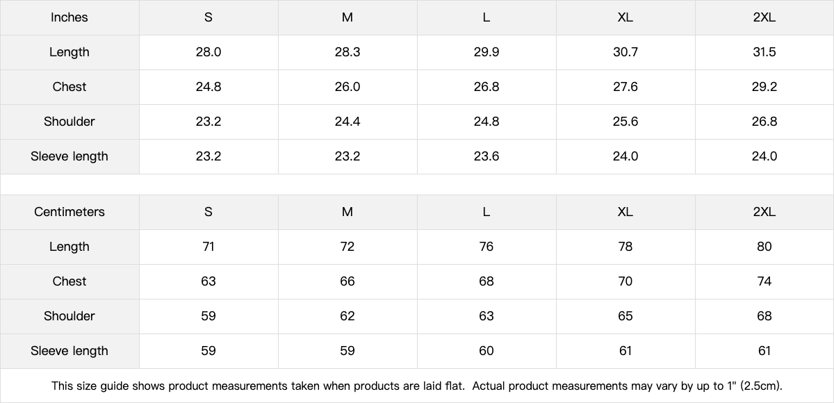 Size chart for clothing measurements in both inches and centimeters.