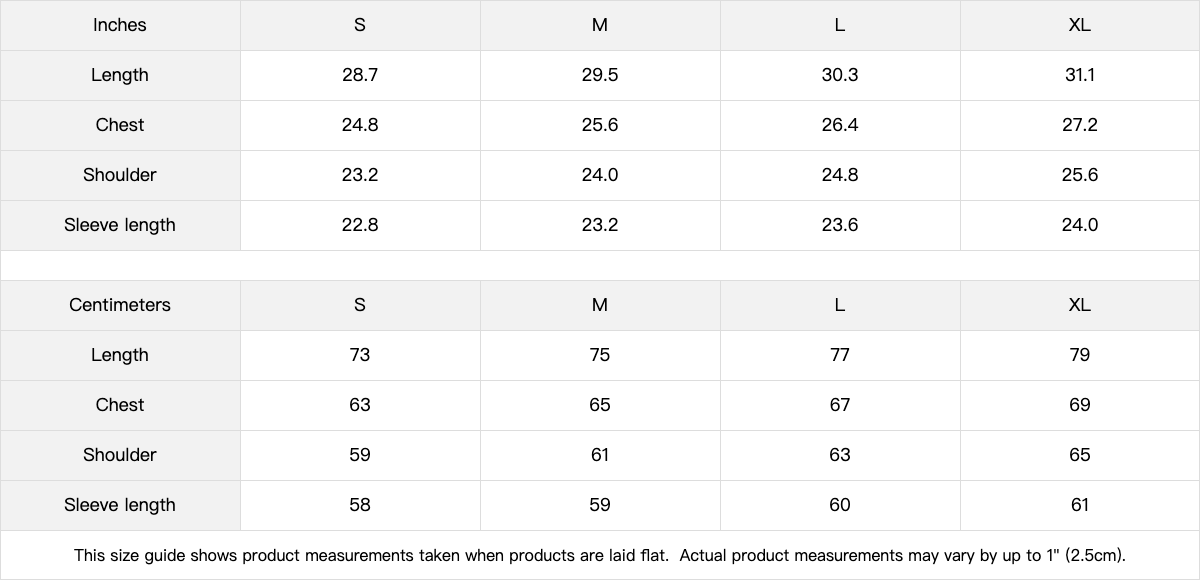 Size chart for clothing measurements in inches and centimeters with corresponding S, M, L, XL sizes.