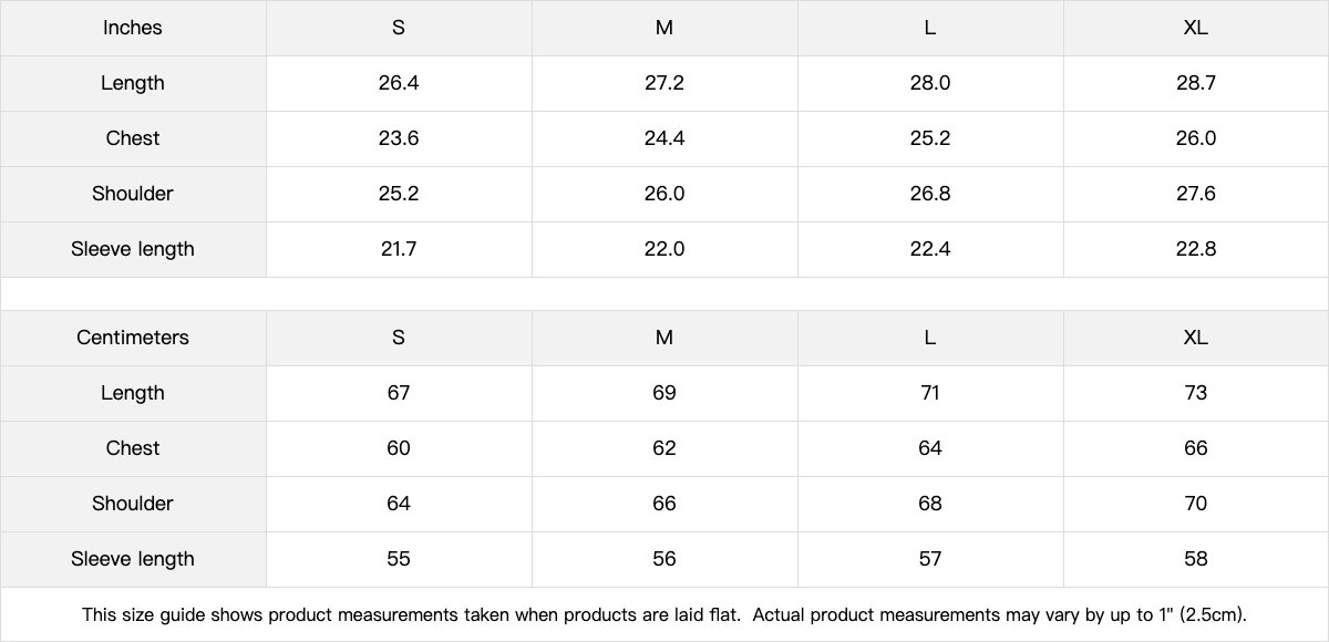 Size chart for clothing measurements in inches and centimeters with corresponding S, M, L, and XL sizes.