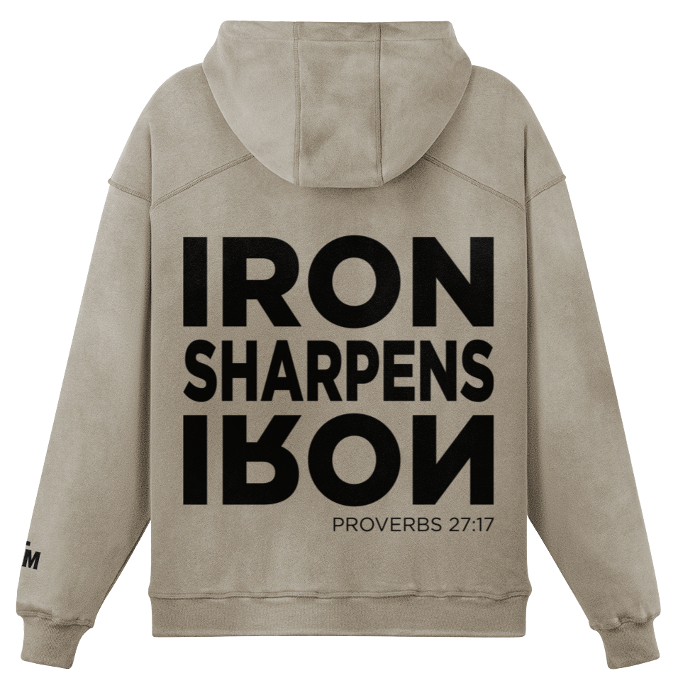 Beige hoodie with 'IRON SHARPENS IRON' text on the back against a white background