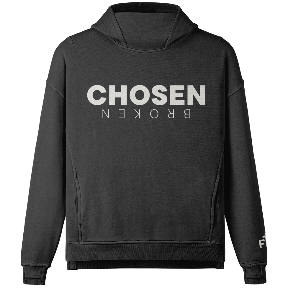 Black hoodie with 'CHosen BROKEN' text on a white background
