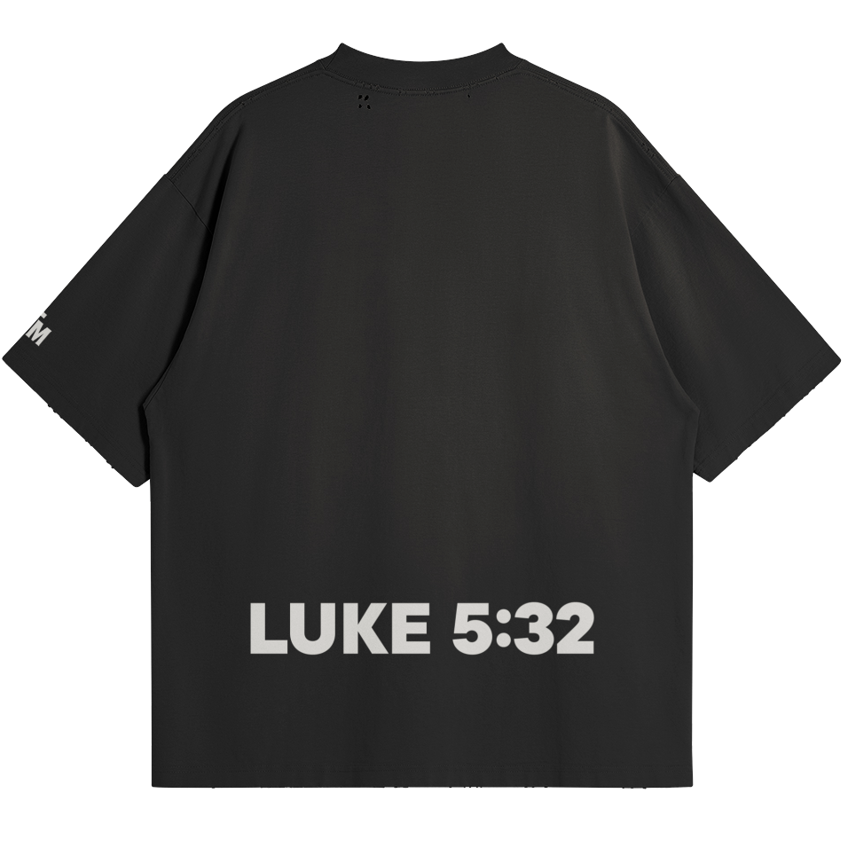 Black t-shirt with 'LUKE 5:32' printed on the back against a white background