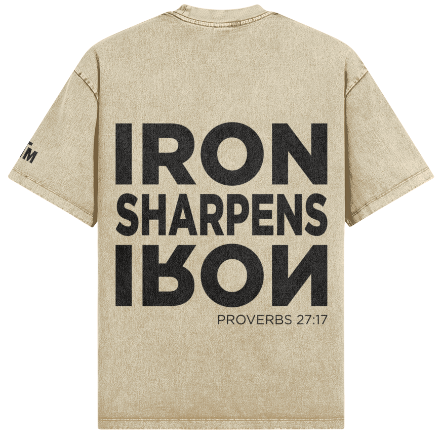 Beige t-shirt with 'IRON SHARPENS IRON' text on the back against a white background