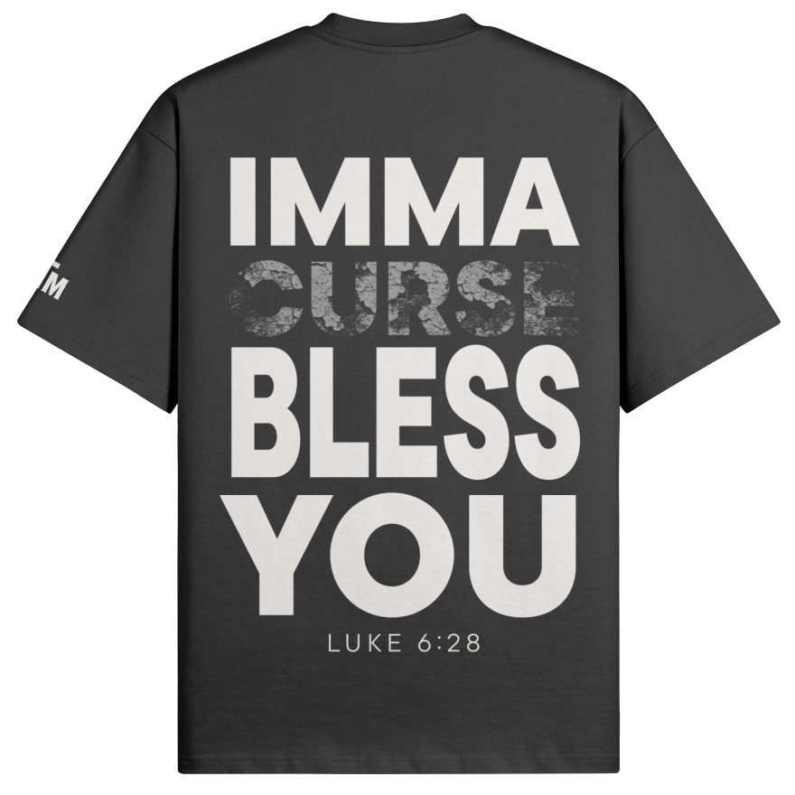 Black t-shirt with white text on a white background