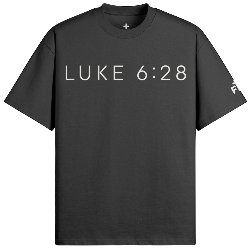 Black t-shirt with 'LUKE 6:28' printed on a white background