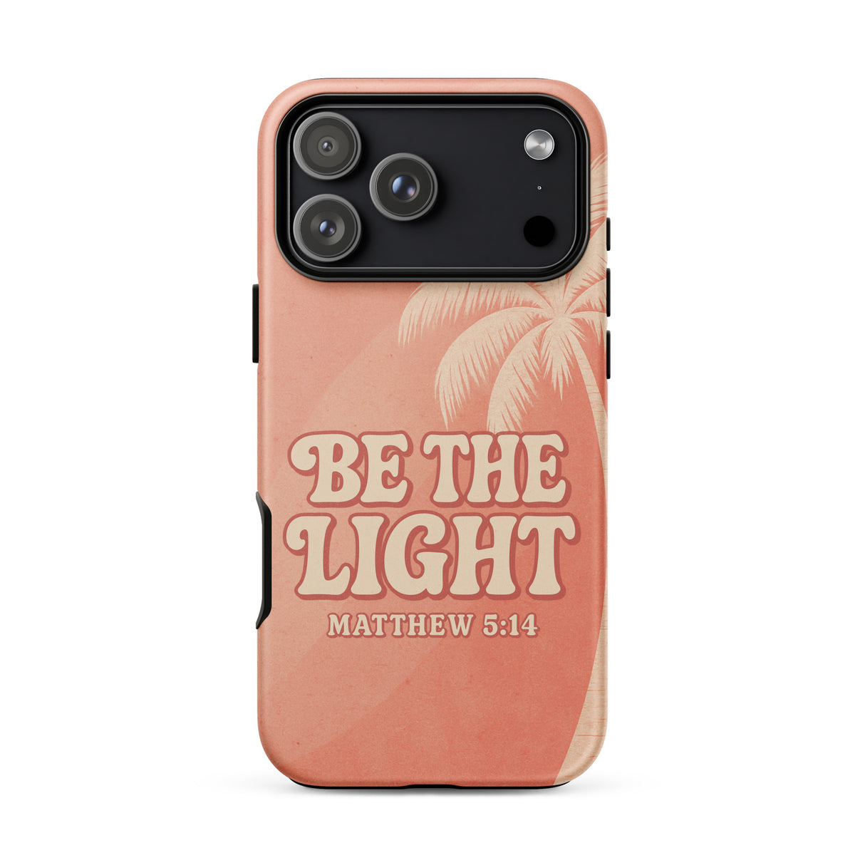 A peach-colored phone case featuring a tropical palm tree design and the text 'BE THE LIGHT MATTHEW 5:14' in a retro cream font, shown on a plain white background.