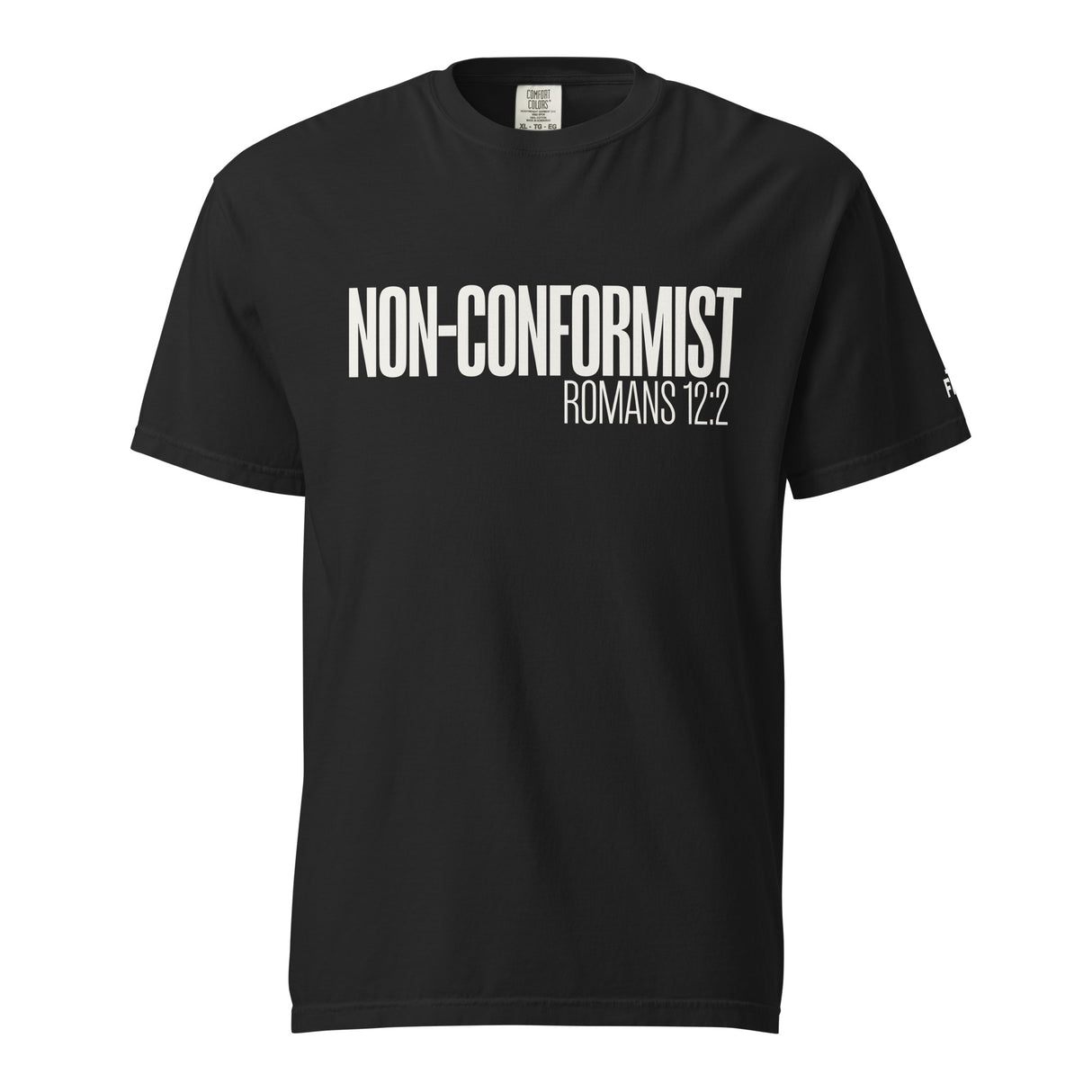 A black short-sleeve crewneck t-shirt with 'NON-CONFORMIST ROMANS 12:2' printed in white text across the chest, shown on a plain white background.