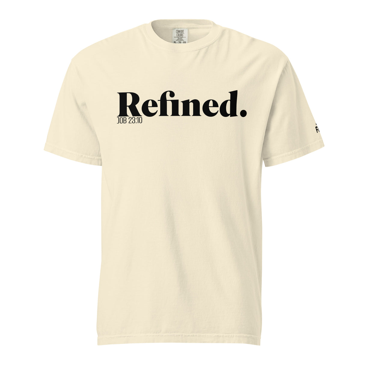 A cream-colored short-sleeve t-shirt with 'Refined.' printed in black serif font across the chest, accompanied by smaller text 'JOB 28:10' underneath, shown on a plain white background.