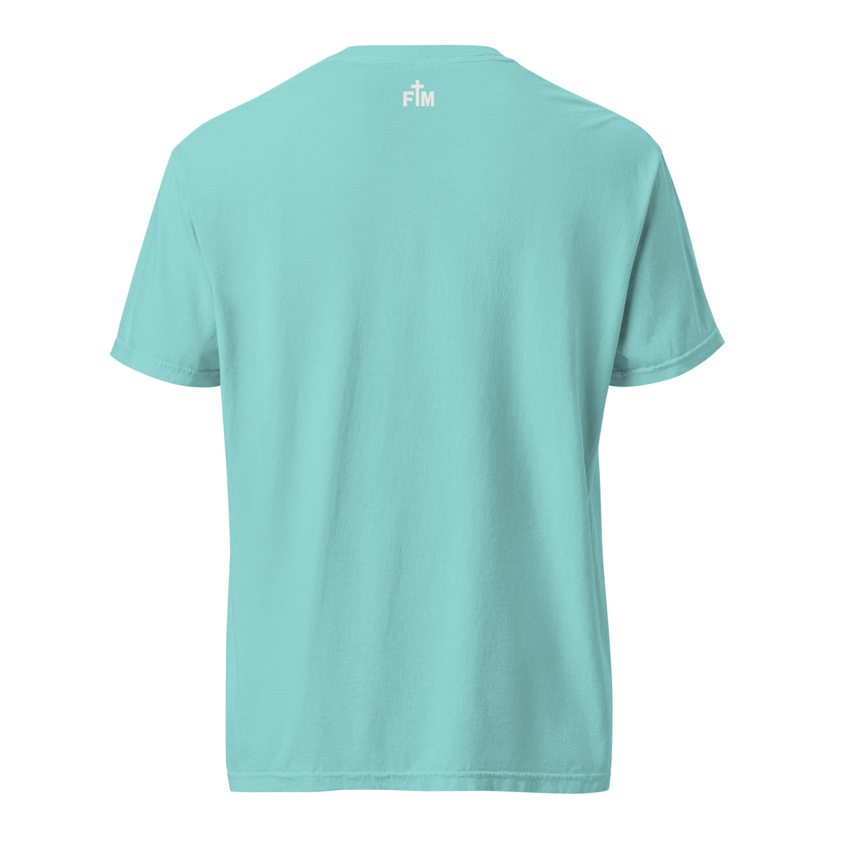 Small Faith Mode "FM" logo printed on the upper back neck of the shirt in light colored ink.