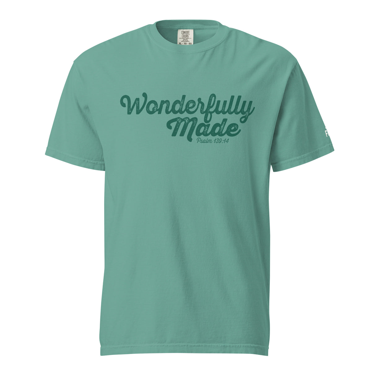 A mint green short-sleeve crewneck t-shirt with 'Wonderfully Made' printed in dark green script across the chest, displayed on a solid white background.