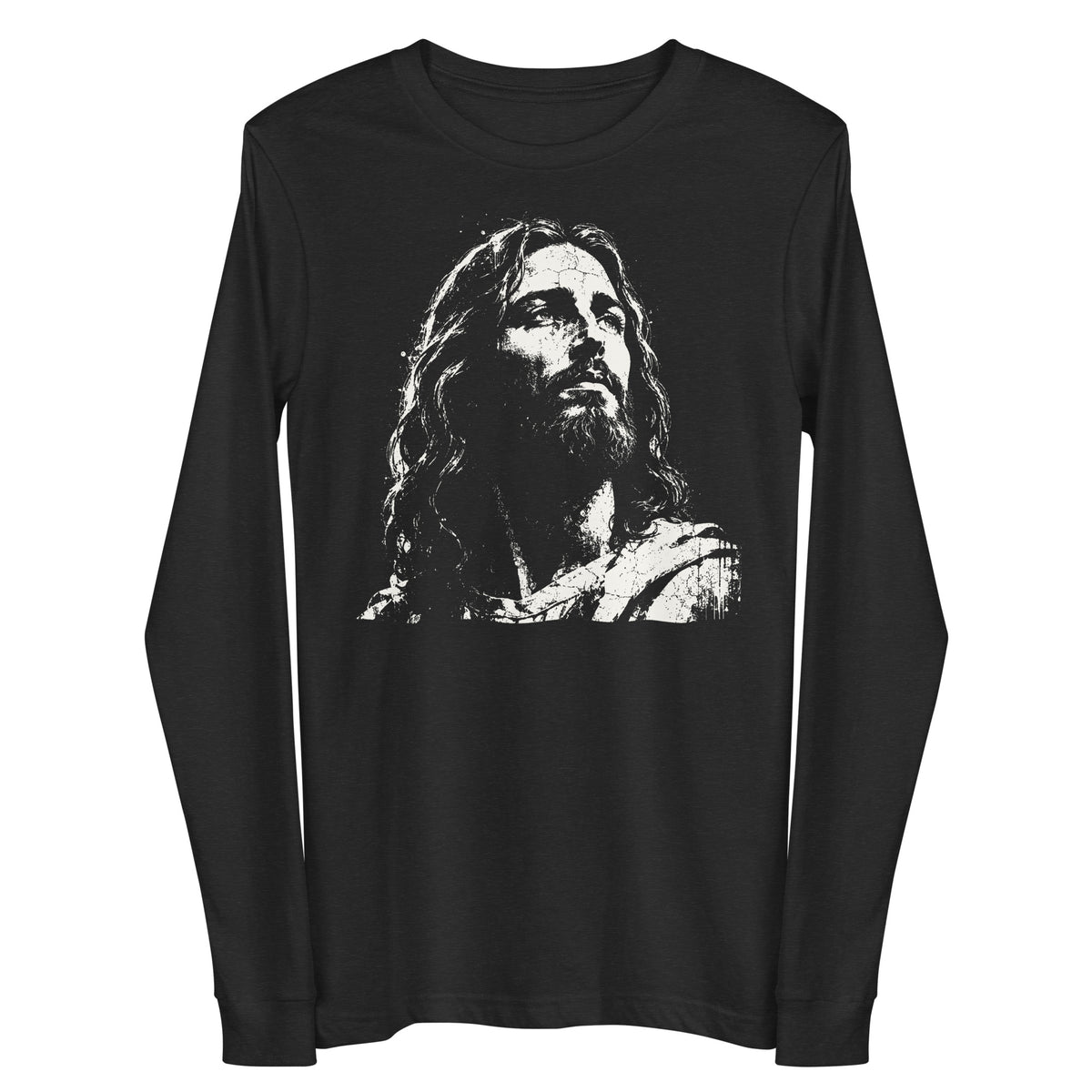 A black long-sleeve t-shirt against a plain white background, featuring a high-contrast white graphic print of Jesus Christ's face on the chest.