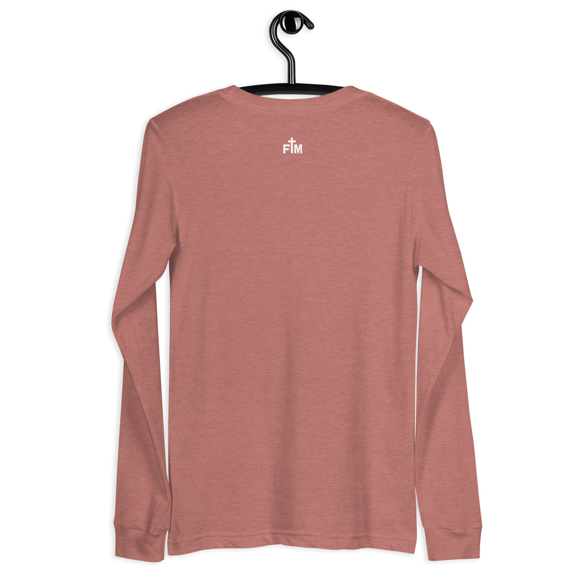 Cream white small Faith Mode "FM" logo on the upper back of a mauve long sleeve shirt