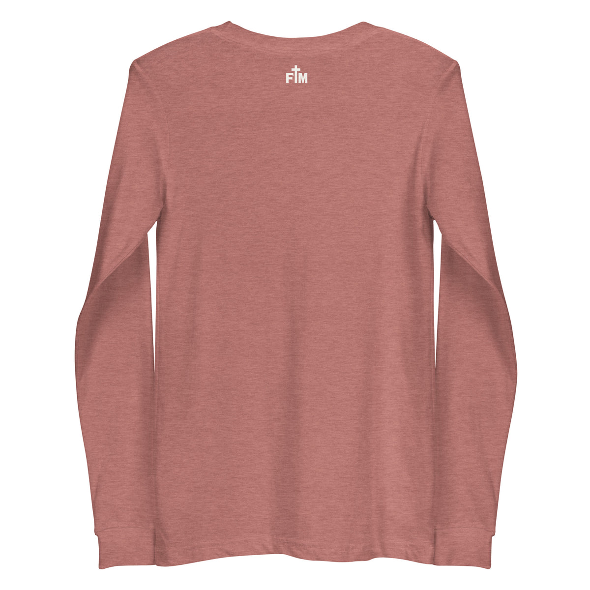 Cream white Faith Mode logo on the upper back of a mauve long sleeve shirt