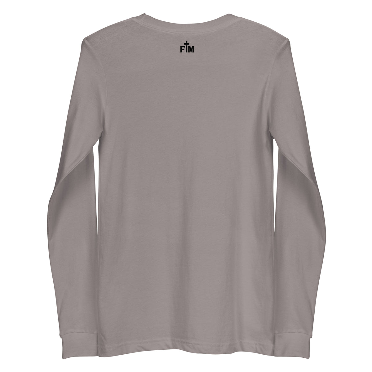 Small black Faith Mode logo on the back of a storm grey long sleeve shirt