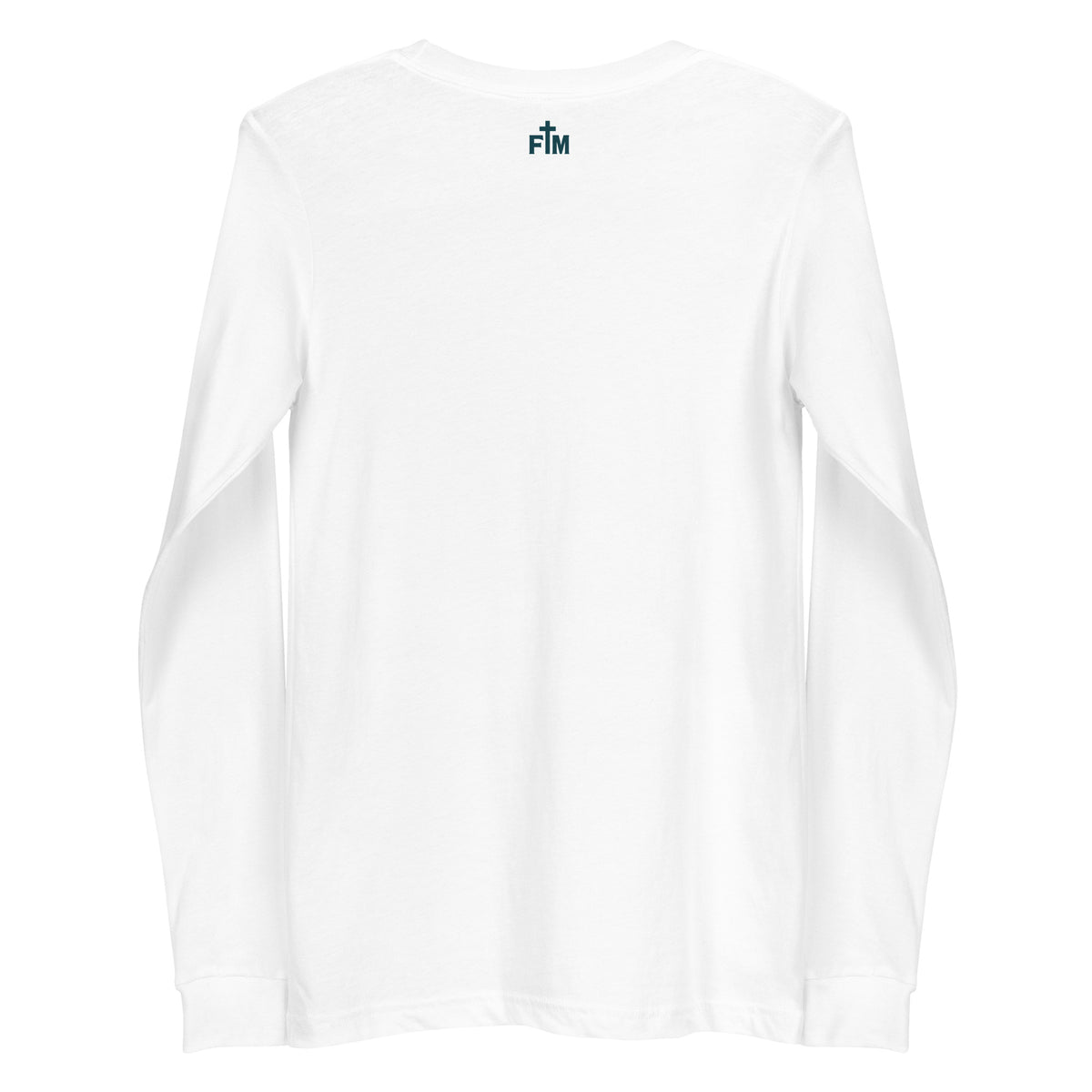 Small dark teal Faith Mode logo on the upper back of a white long sleeve shirt