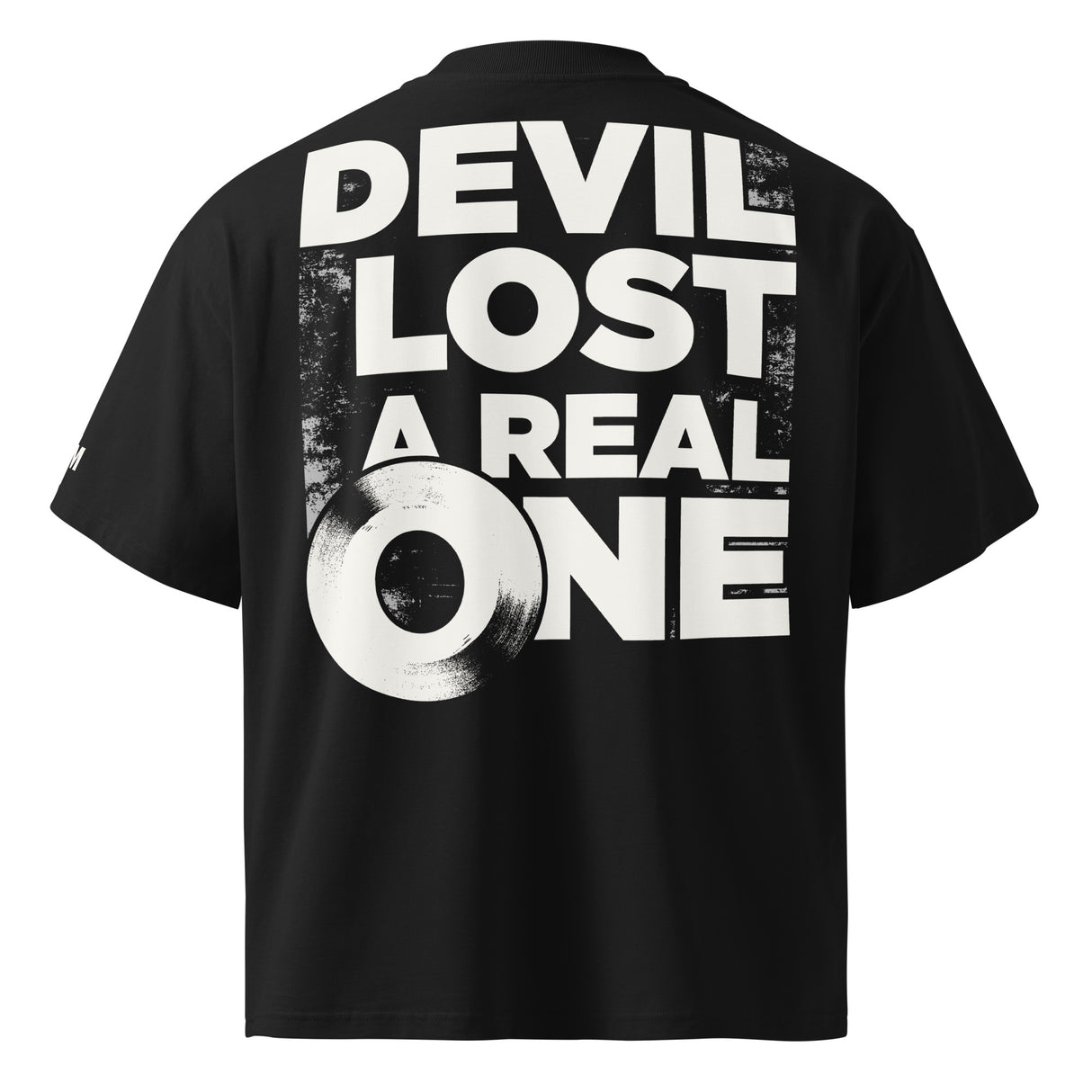 Black t-shirt with white text 'DEVIL LOST A REAL ONE' on the back against a white background