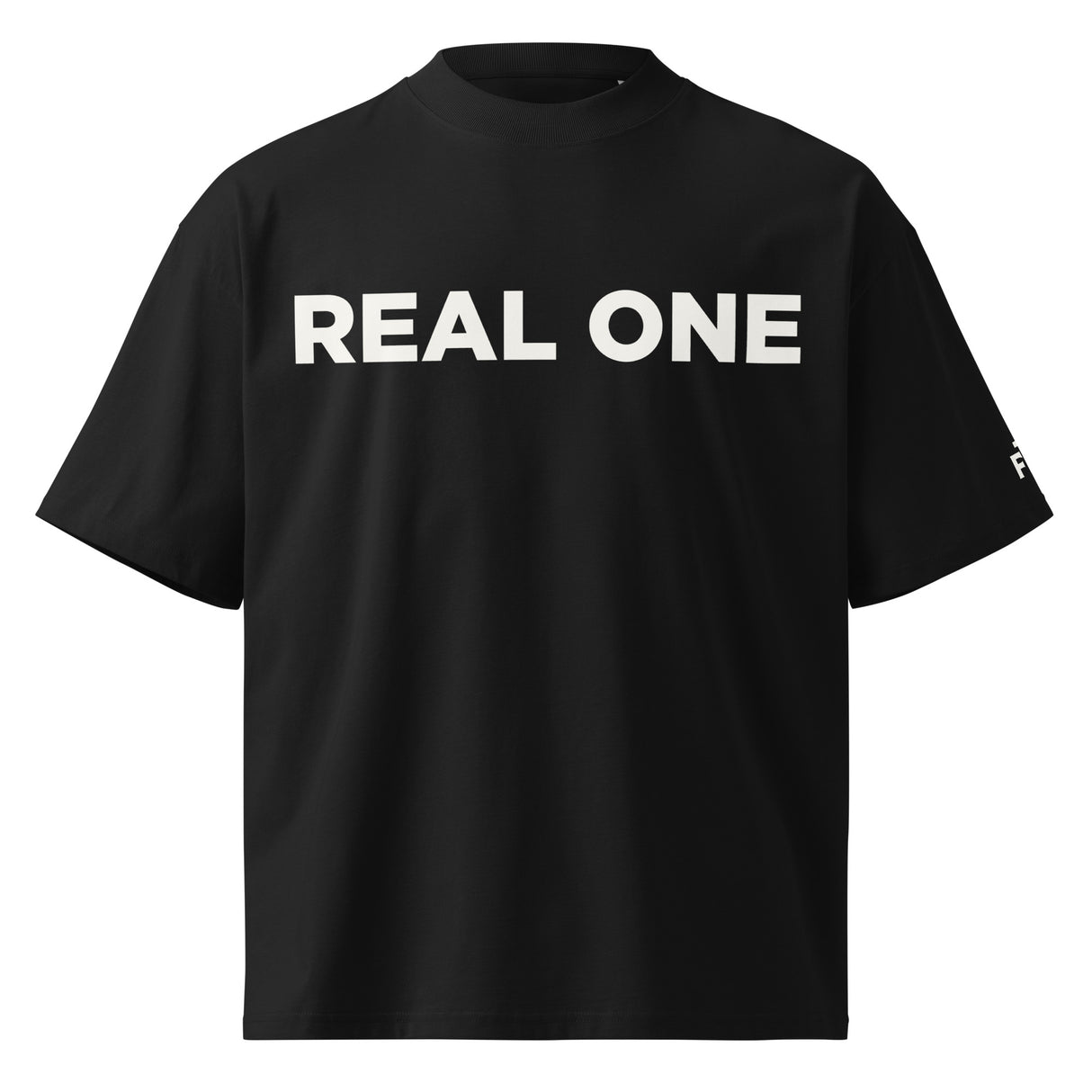 Black t-shirt with 'REAL ONE' text on a white background