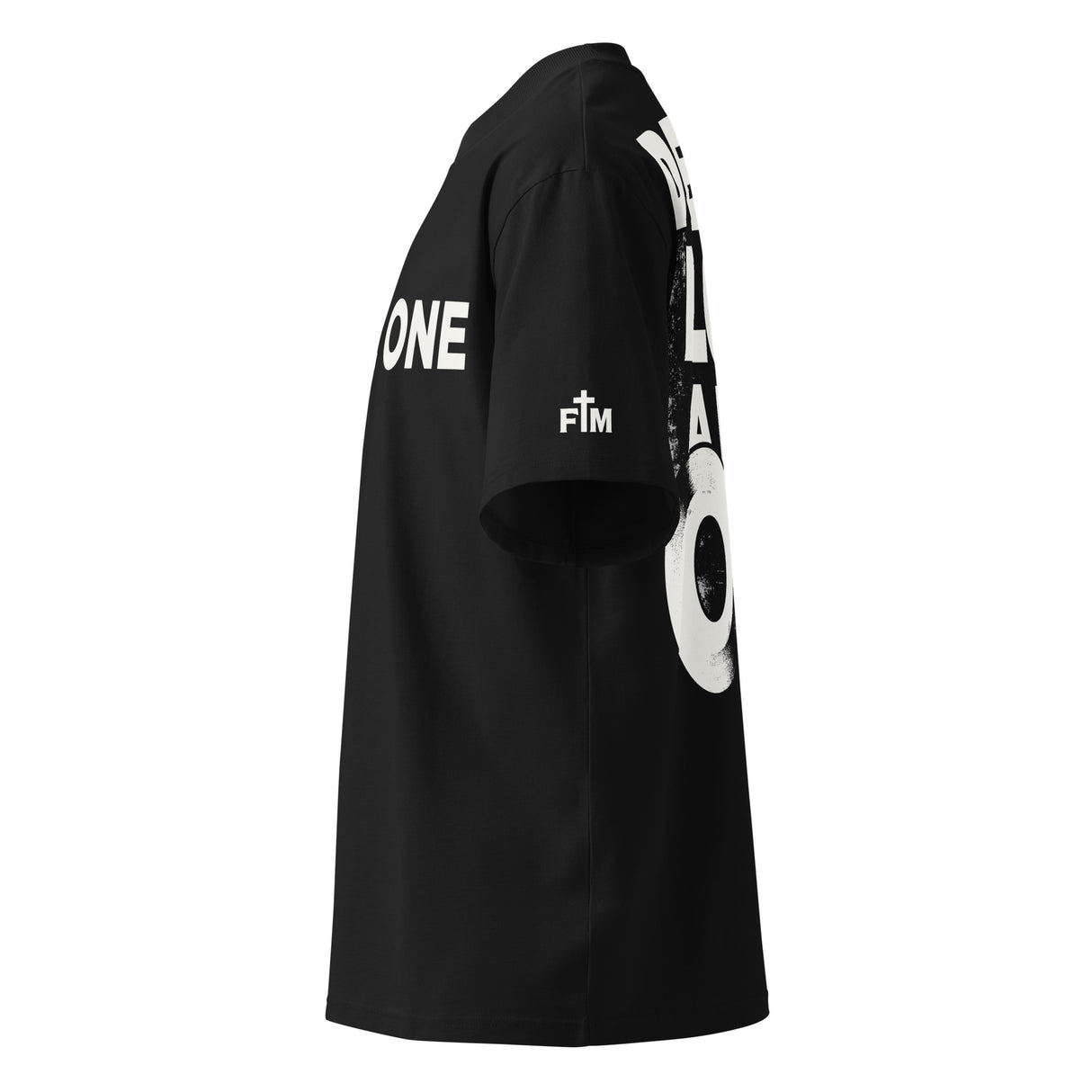 Black t-shirt with white text and graphics on a white background