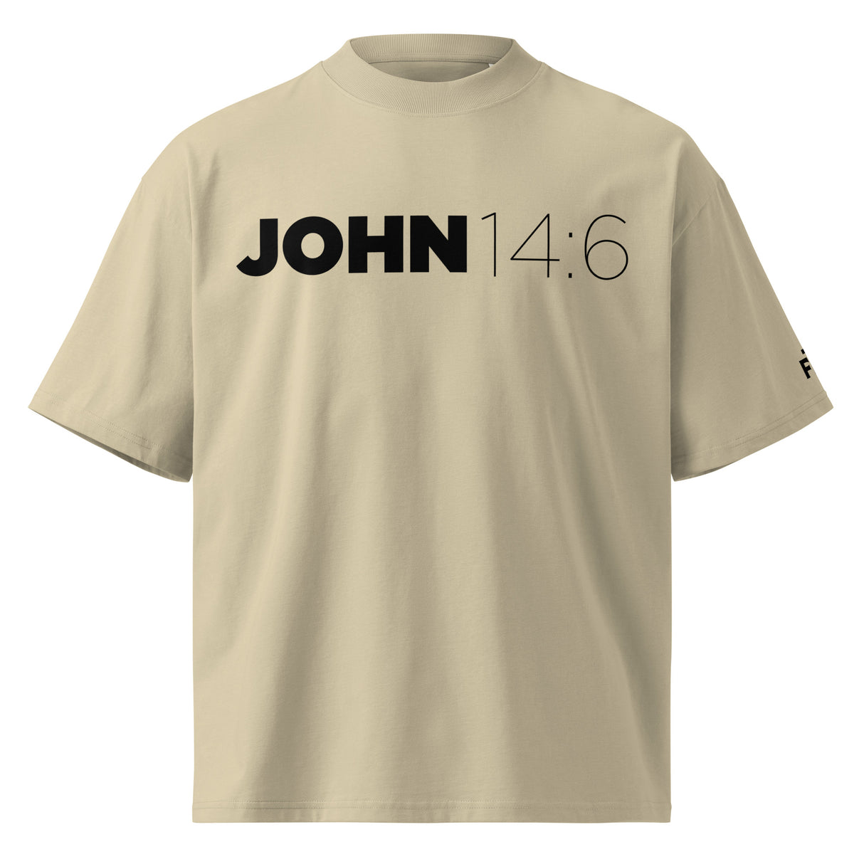 Beige t-shirt with 'JOHN 14:6' printed on a white background