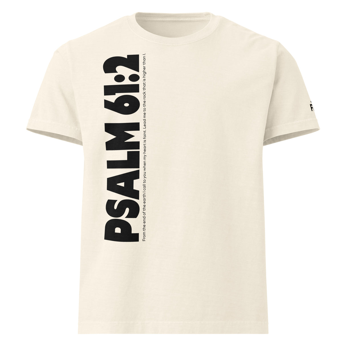 Beige t-shirt with 'PSALM 61:2' text on a white background