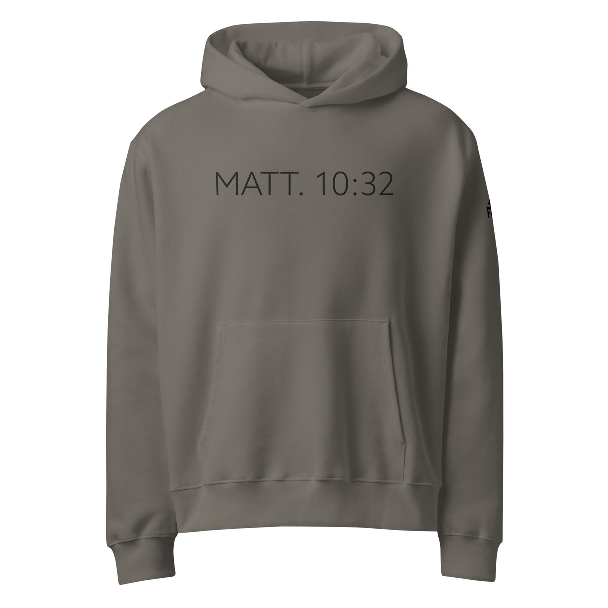 Gray hoodie with 'MATT. 10:32' text on the front printed in black ink.