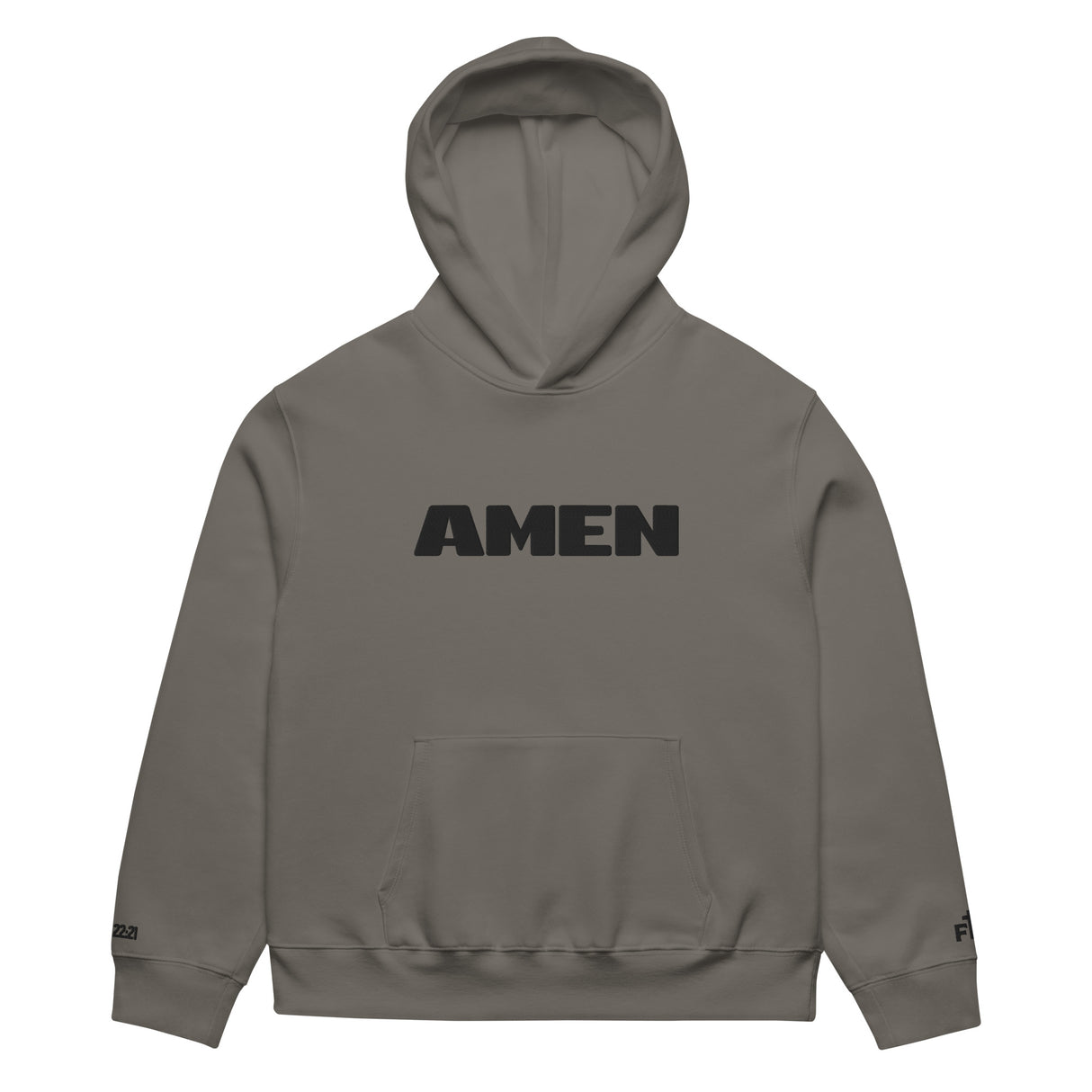 Gray hoodie with 'AMEN' text on a white background