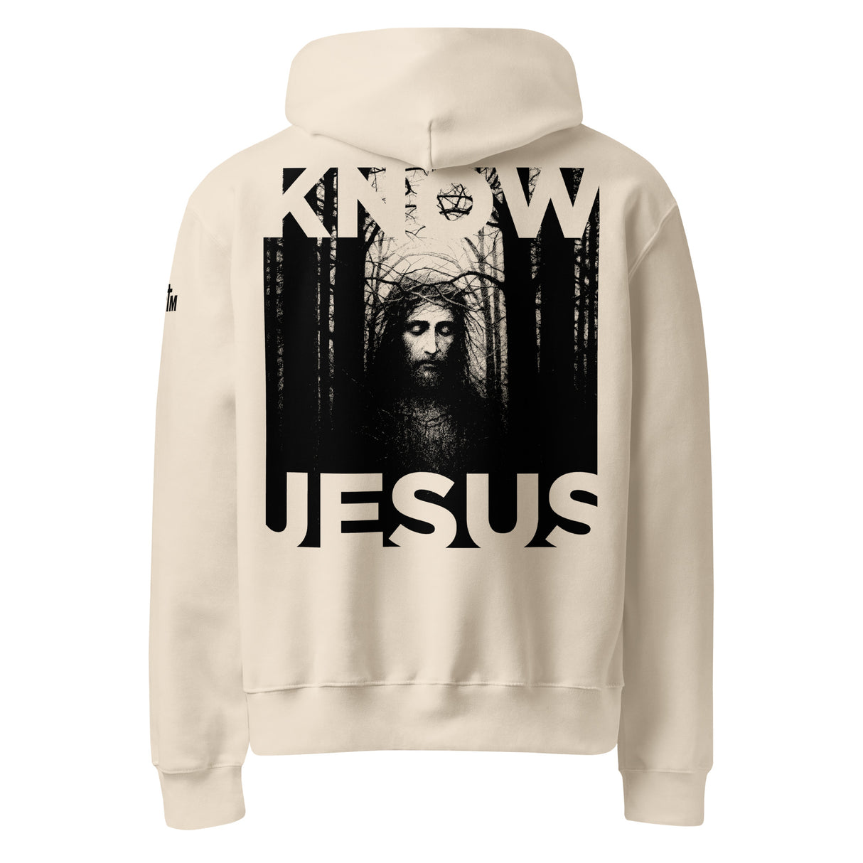 Beige hoodie with a graphic of Jesus in a forest and 'KNOW JESUS' text printed on the back of the hoodie in black ink.