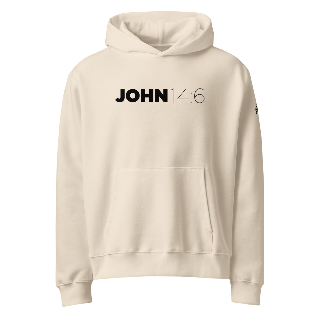 Beige hoodie with 'JOHN 14:6' text printed on the front ink black ink.